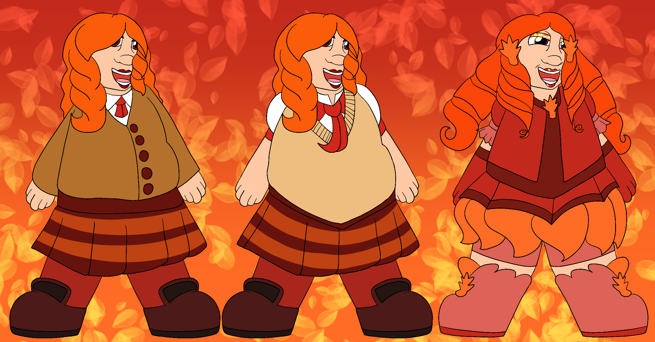 The artist's Precure original character, a fat girl with pale skin, red eyes, and ginger hair kept in waves and ringlets, smiling and standing against a red and orange gradient background covered in leaves. She is shown with three different designs.