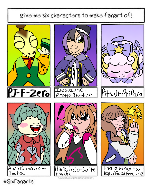 A six characters meme showing six characters posing against gradient backgrounds. The characters included are PJ from F-Zero, Ito Suzuno from Pretty Rhythm, Pitsuji from PriPara, Aunn Komano from Touhou Project, Hibiki Hojo from Suite Precure, and Hinata Hiramitsu from Healin' Good Precure.