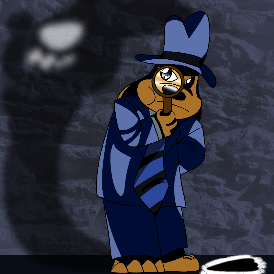 Sam from Sam & Max standing in a dark alleyway and frowning as he holds a microscope to his face and stands next to a rabbit's footprint outlined in chalk. Behind him, a shadow that resembles Max cackles evilly.