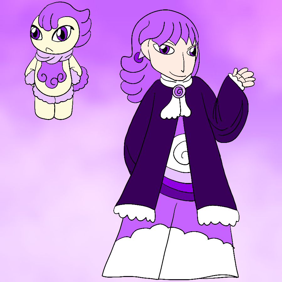 The artist's Precure fan character, a pale-skinned thin man with wave-like purple hair and purple eyes who wears a hurricane-themed outfit, smiling and posing against a purple gradient background covered in clouds. Beside him is him fairy form, which is a cream-colored creature with hair, belly markings, and tail shaped like wind trails and fluffy ruffs around his neck, wrists, and legs.