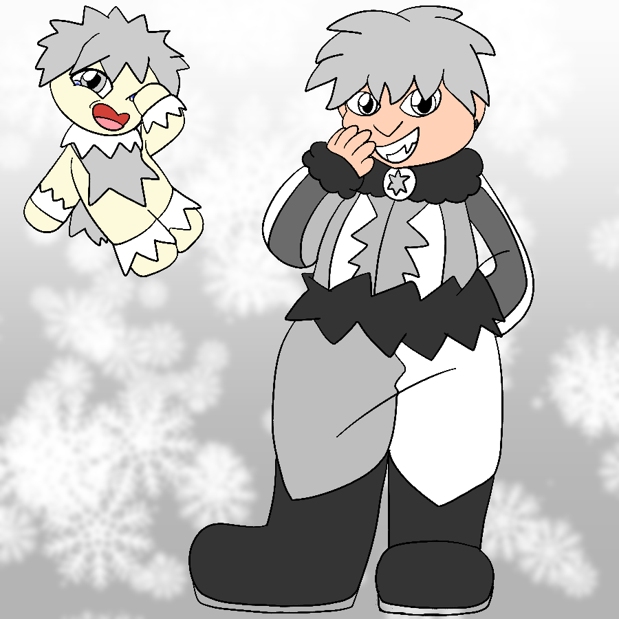 The artist's Precure fan character, a peach-skinned fat man with short and spiky silver hair and white eyes who wears a blizzard-themed jester outfit, smiling and posing against a silver gradient background covered in snowflakes. Beside him is him fairy form, which is a cream-colored creature with spiky hair, belly markings, and tail and spiky ruffs around his neck, wrists, and legs.