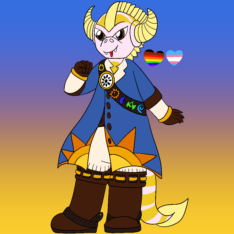 The artist's Skylanders original character, an anthropomorphic dragon with pale pink scales that have yellow markings, brown eyes, and light yellow horns, crest, and tail fin who wears a portal master outfit, smiling and standing against a blue to gold gradient background. Beside him are hearts in the colors of the gay and transgender pride flags.