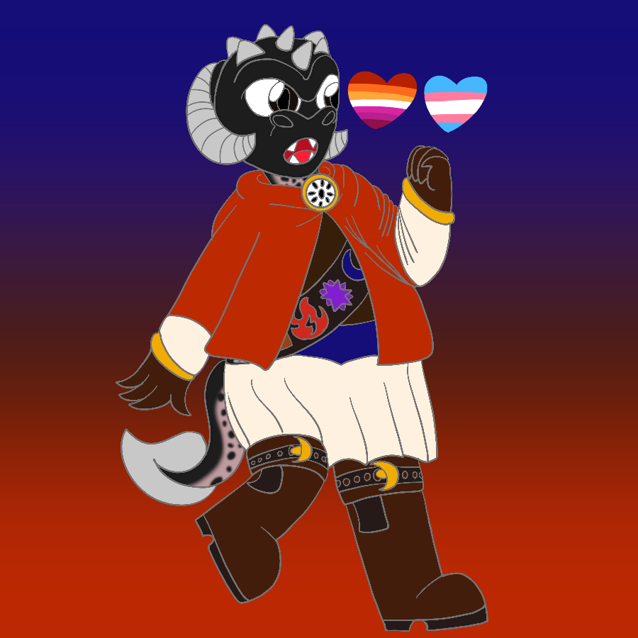 The artist's Skylanders original character, an anthropomorphic dragon with black scales that have a dull pink underbelly with black spots, deep brown eyes, and silver horns, head spikes, and tail fin who wears a portal master outfit, posing against a dark blue to red gradient background. Beside her are hearts in the colors of the lesbian and transgender pride flags.