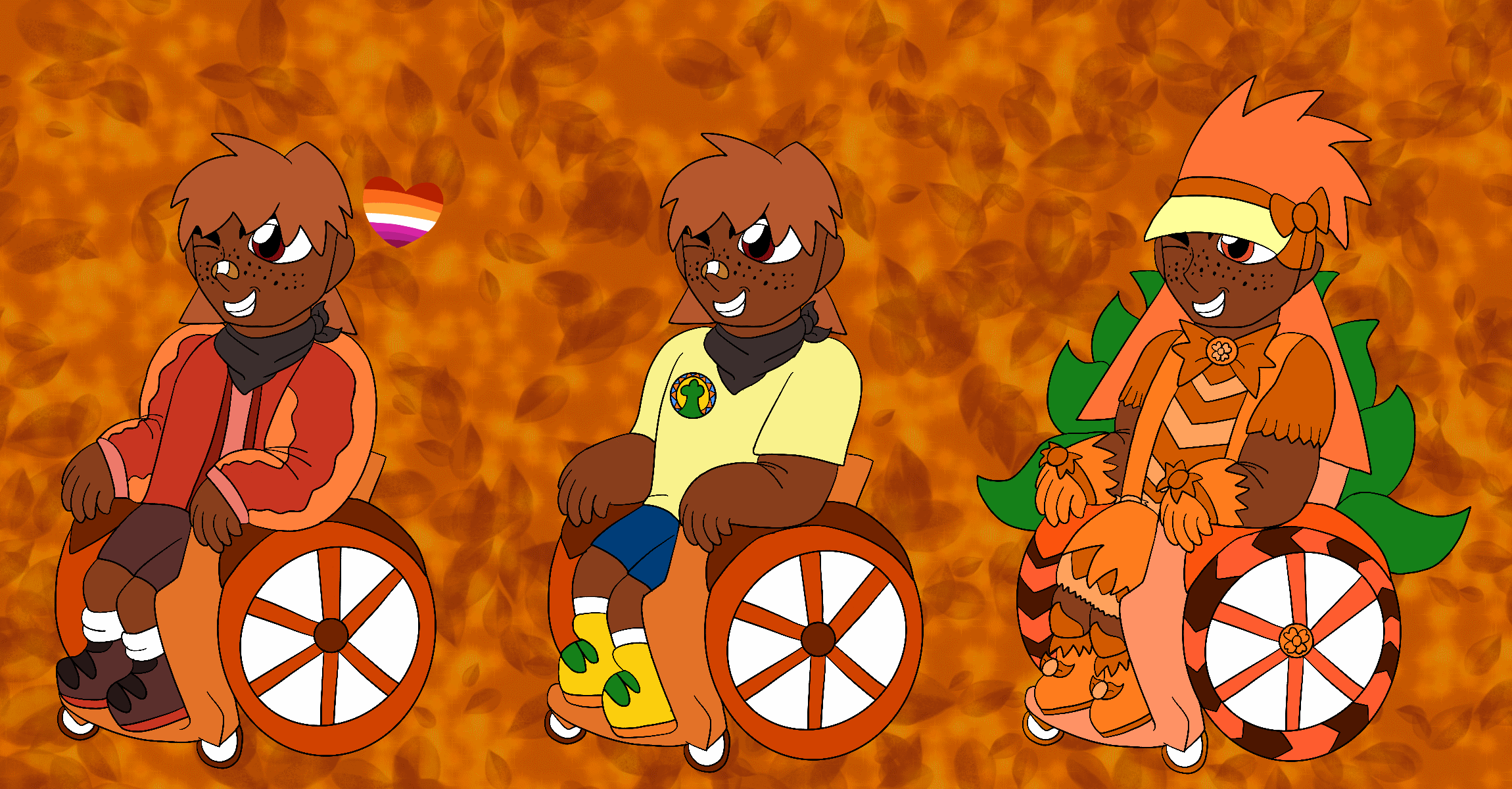 The artist's Precure original character, a kid of average build with brown skin, short and spiky dark orange hair, and red eyes, smiling and sitting in a wheelchair against an orange gradient background covered in sparkles and leaves. She is shown with three different designs, and beside her first design is a heart in the colors of the lesbian pride flag.