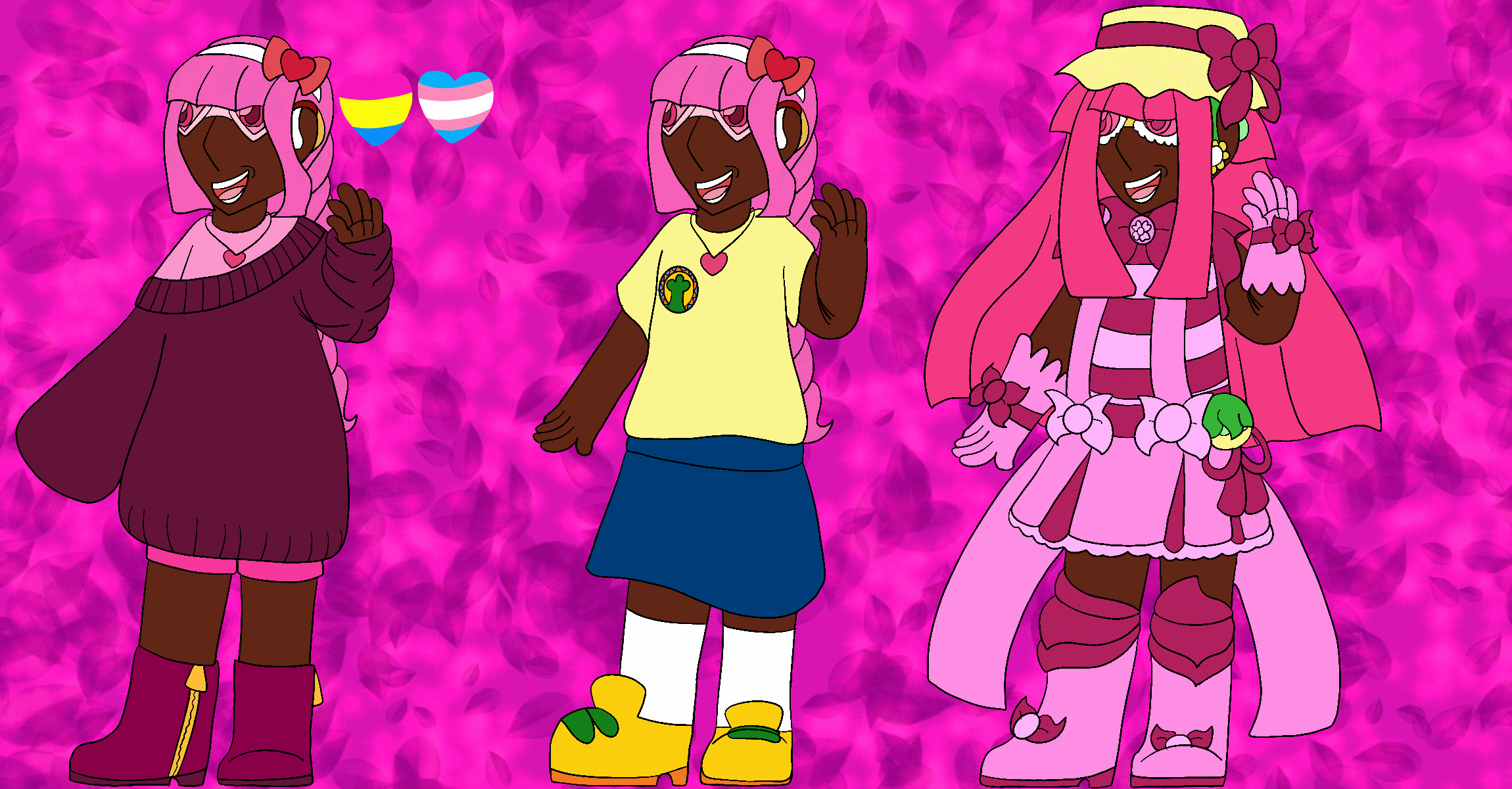 The artist's Precure original character, a thin girl with brown skin, pink eyes, a hearing aid, and long pink hair kept in a French braid, smiling and standing against a pink gradient background covered in sparkles and leaves. She is shown with three different designs, and beside her first design are hearts in the colors of the pansexual and transgender pride flags.