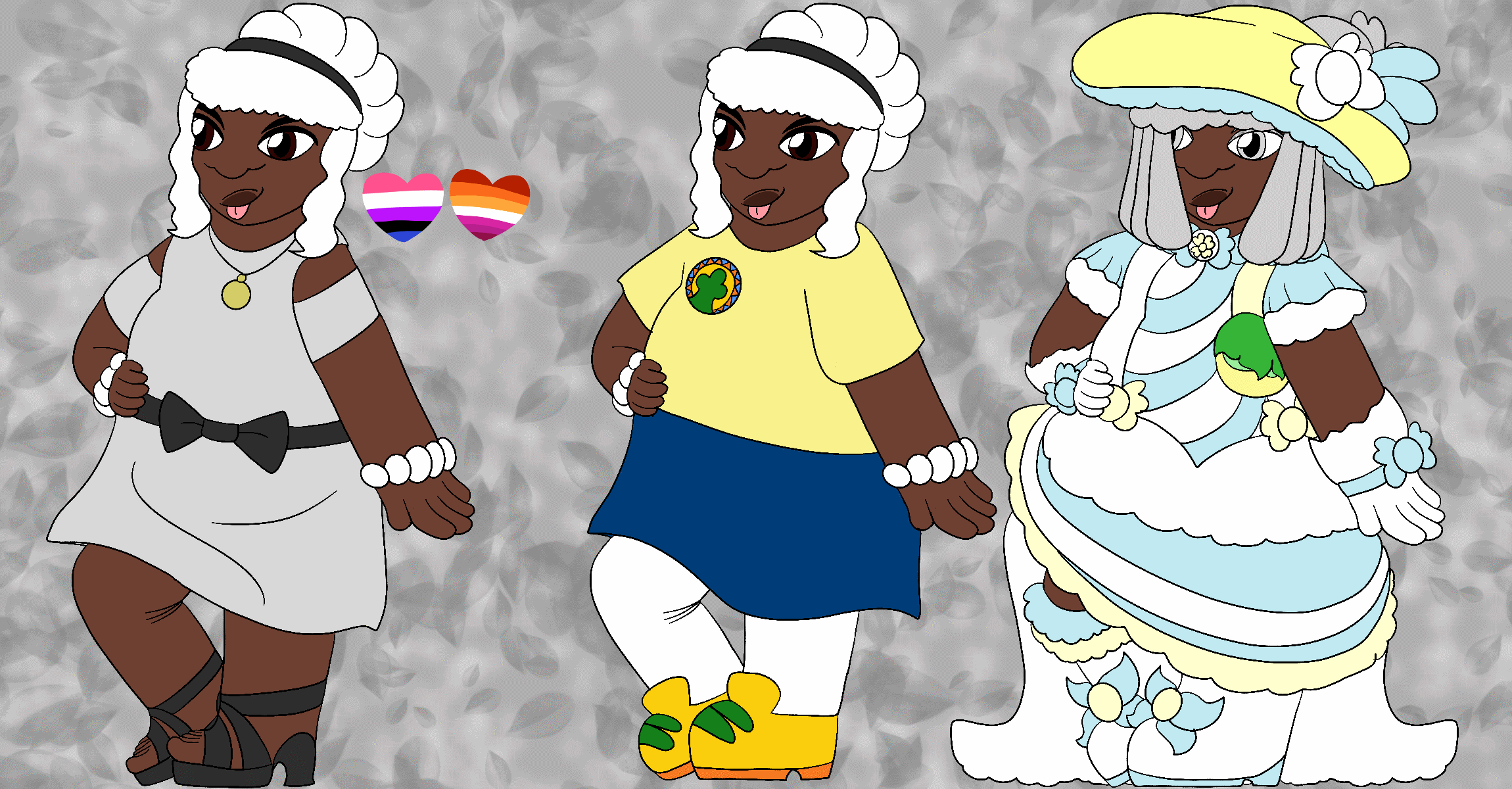 The artist's Precure original character, a fat girl with brown skin, dark brown eyes, and shortm upkept white hair, smiling and standing against a silver gradient background covered in sparkles and leaves. She is shown with three different designs, and beside her first design are hearts in the colors of the genderfluid and lesbian pride flags.