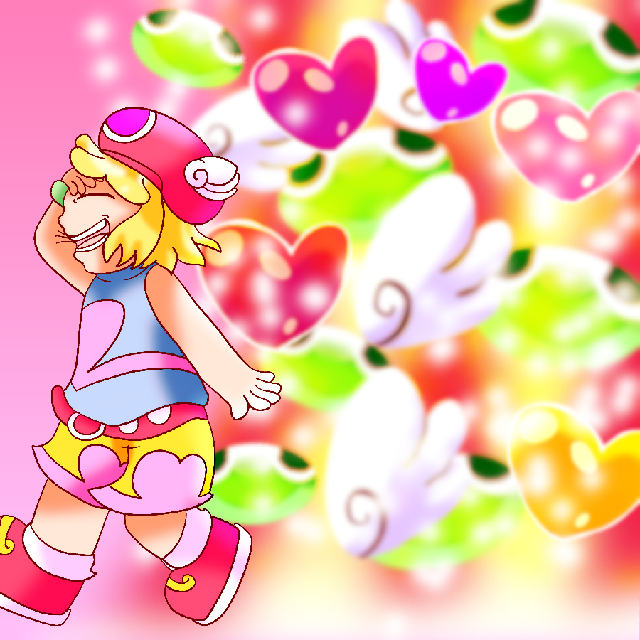 Amitie from Puyo Puyo smiling and running against a pink background while a shower of wings, hearts, and green Puyos rain down behind her.