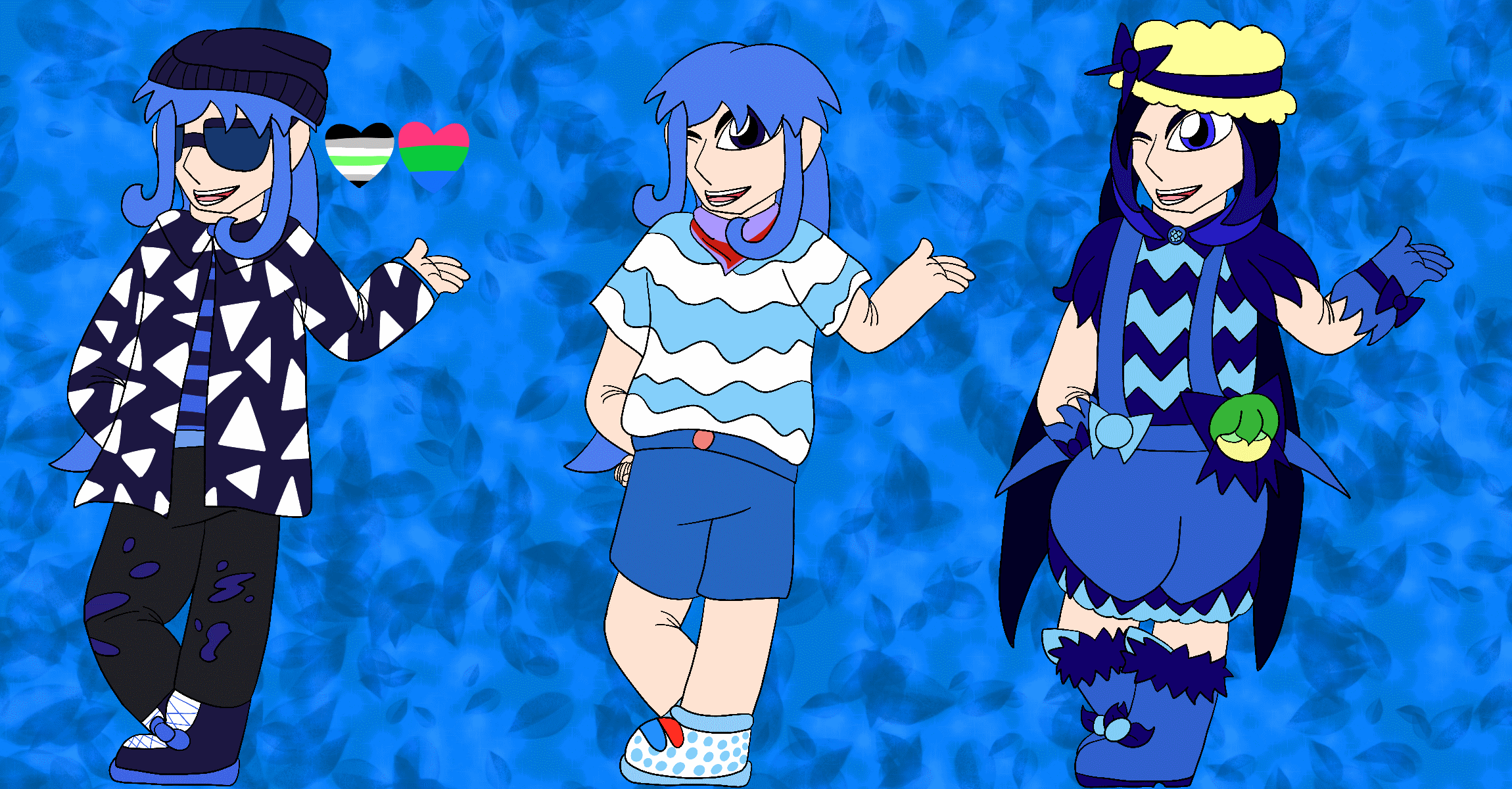 The artist's Precure original character, a thin kid with pale skin, dark blue eyes, and long blue hair, frowning and standing against a blue gradient background covered in sparkles and leaves. She is shown with three different designs, and beside her first design are hearts in the colors of the agender and polysexual pride flags.