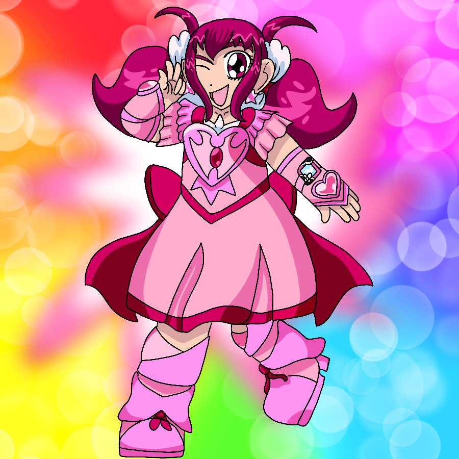 Cure Happy from Smile Precure redesigned as a Cure from Yes Precure 5. Her appearance is a hybrid of the design styles for both seasons, and she poses against a rainbow gradient background with a pink and white explosion of light behind her.