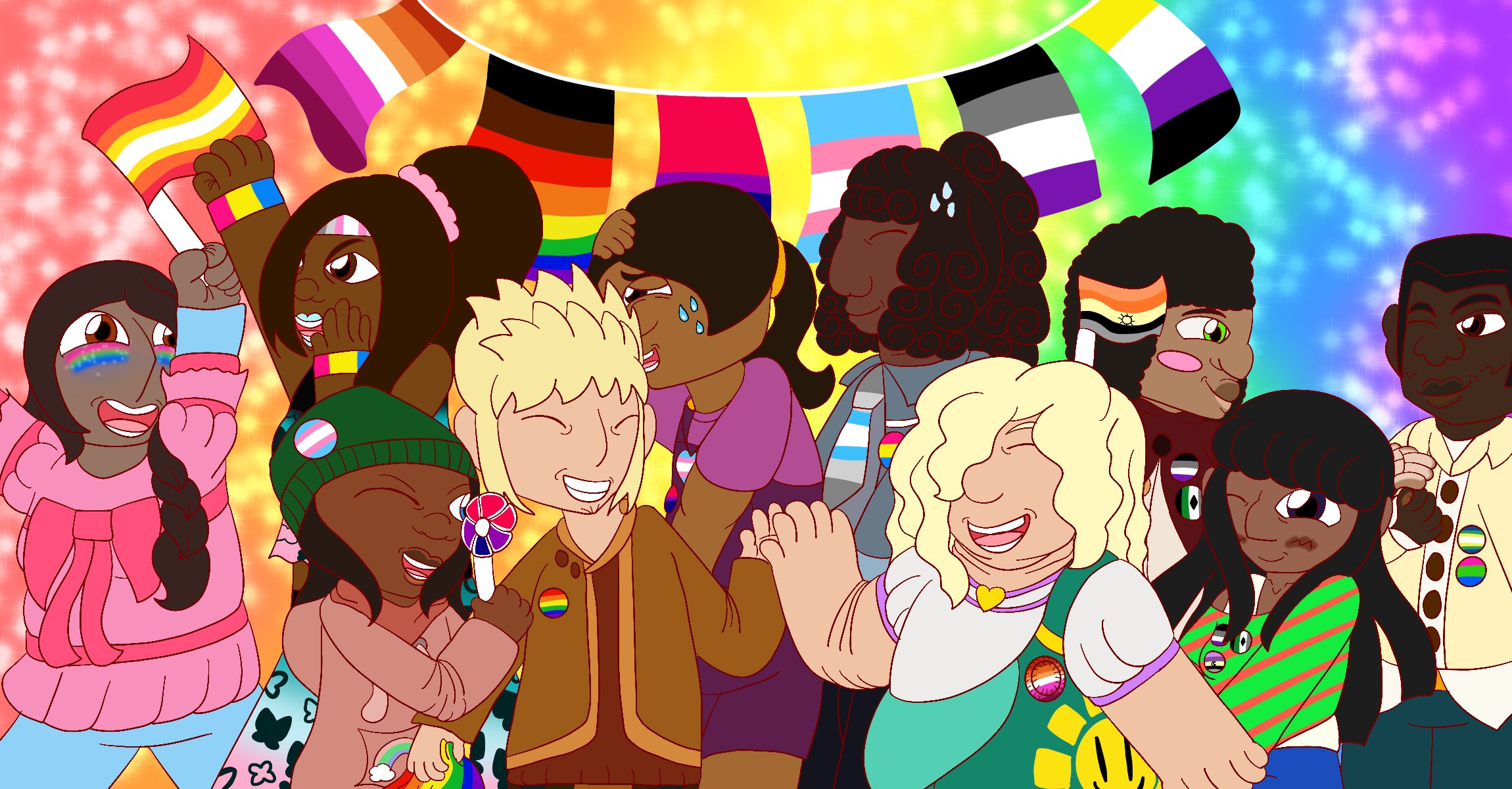 The artist's Skylanders original characters, a group of humans in casual wear, marching together against a rainbow sparkly gradient background with a banner of pride flags hanging from it. In addition to their usual attire, the characters are shown wearing and holding pride flag memorabilia.