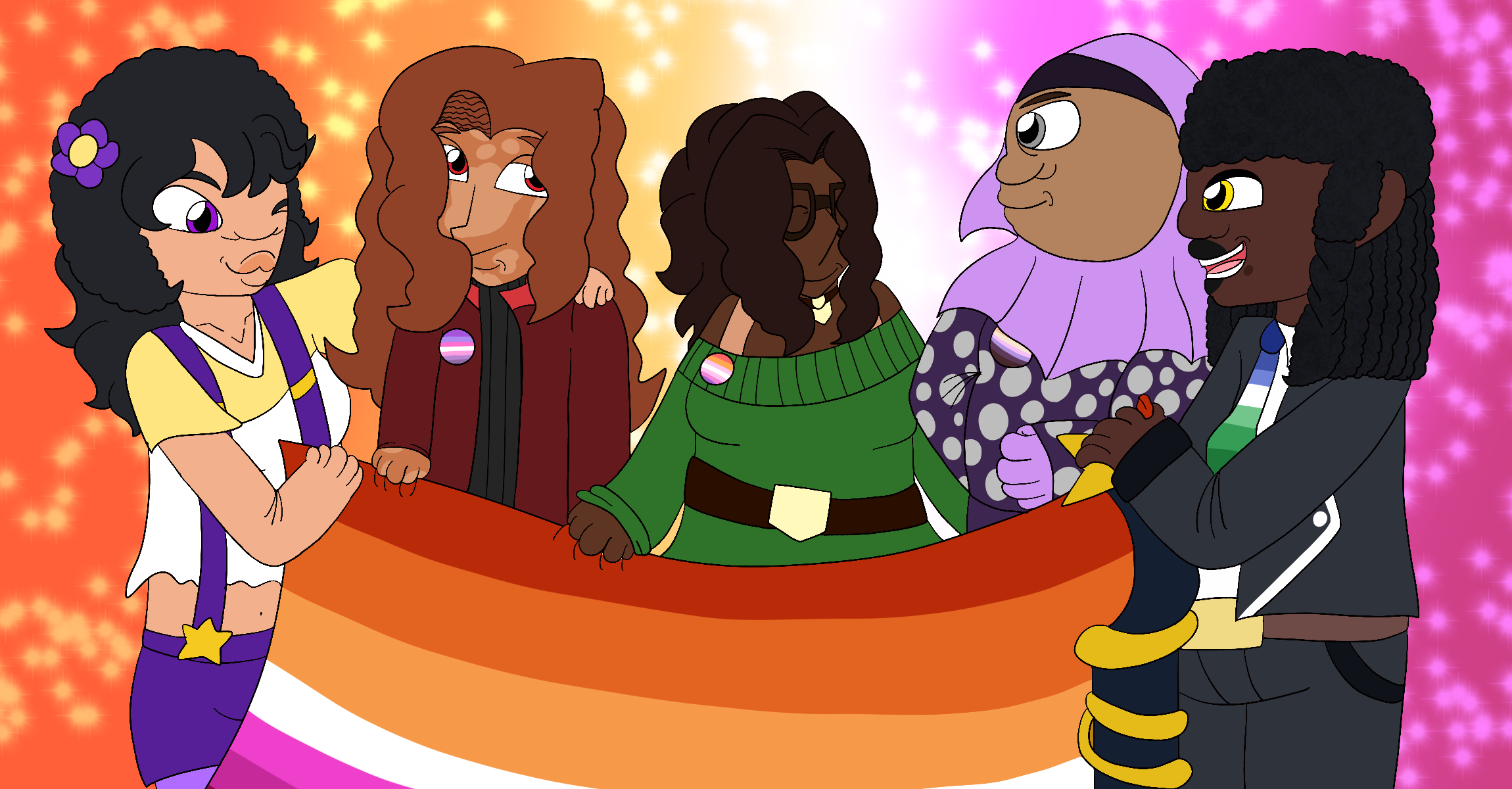 Five of the artist's Skylanders original characters, who are all humans in casual wear, smiling and holding up a large lesbian pride flag together against a gradient sparkly background in the lesbian pride flag's colors. In addition to their casual wear, four characters wear pins bearing the trans lesbian, nonbinary lesbian, lesbian demigirl, and he/him lesbian flags in order.