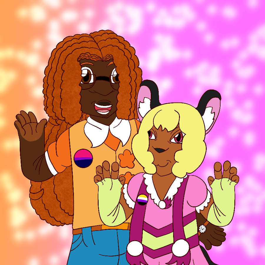 Two of the artist's Star Twinkle Precure original characters, a human and a cat-like alien in casual wear, smiling and posing against an orange to pink gradient sparkly background. In addition to their usual attire, the human character wears a bisexual pride pin, and the alien character wears a nonbinary pride pin.