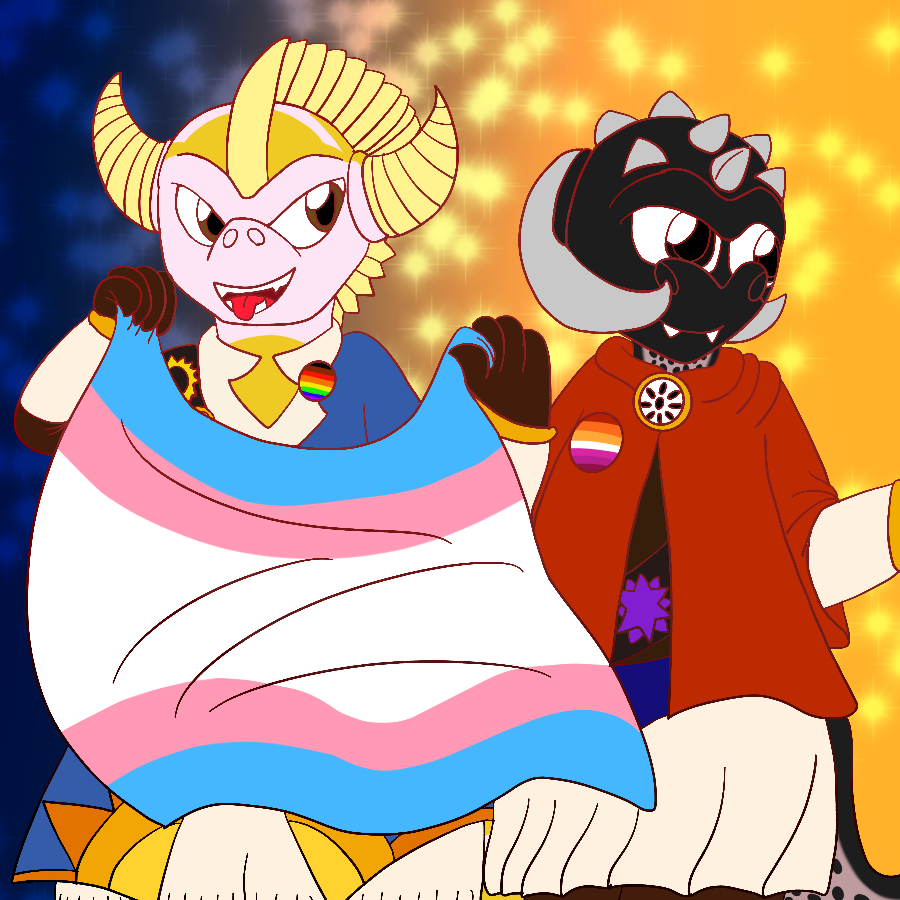 The artist's Skylanders original characters, a pair of anthropomorphic dragons in portal master wear, grinning and holding up a transgender pride flag against a sparkly dark blue to gold sparkly gradient background. In addition to their attire, one character wears a gay pride flag pink and the other wears a lesbian pride flag pin.