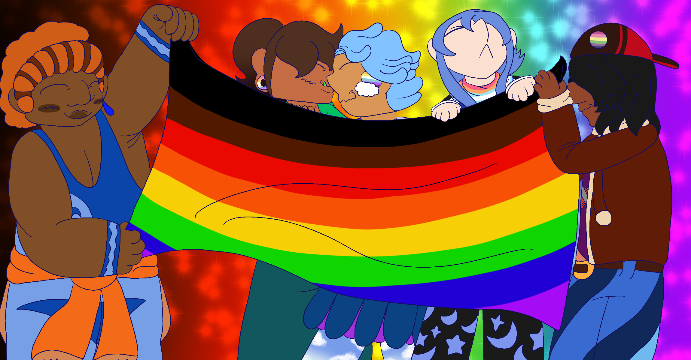 Five of the artist's Skylanders original characters, who are all humans in casual wear, smiling and holding up a large gay pride flag together against a gradient sparkly background in the gay pride flag's colors. In addition to their casual wear, four characters bear decorations or clothing with the trans gay, nonbinary gay, gay demiboy, and she/her gay flags in order.