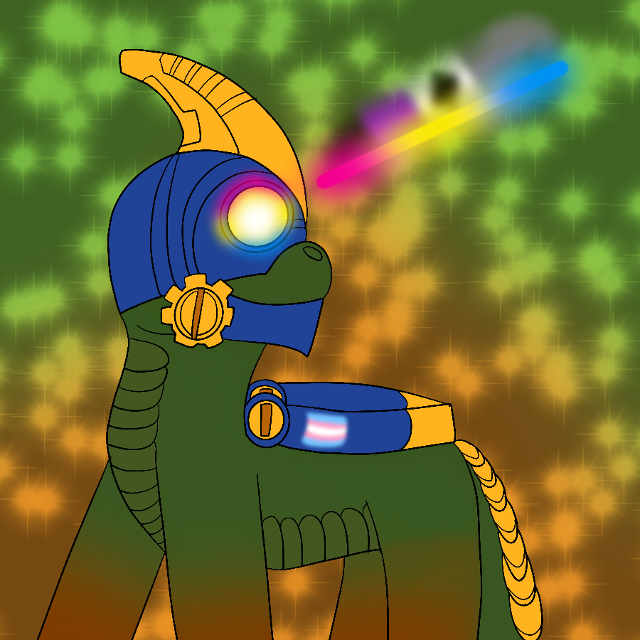 Drobot from Skylanders shooting out lasers in the colors of the pan and demisexual pride flags from his eyes against a green to brown sparkly gradient background. In addition, he has a transgender pride flag airbrushed onto his wing.