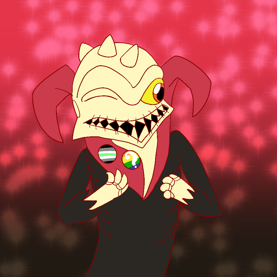 Ghost Roaster from Skylanders smiling and standing against a sparkly red to blackgradient background. He has buttons bearing the agender and questioning pride flags pinned to his lapel.