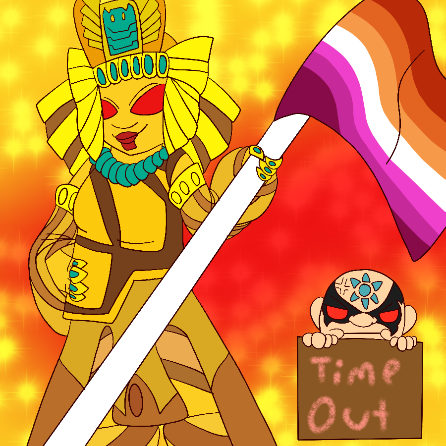 Golden Queen from Skylanders grinning and brandishing a large lesbian pride flag against a yellow and red sparkly gradient background. Behind her, Kaos pouts as he sits in a box labelled Timeout.