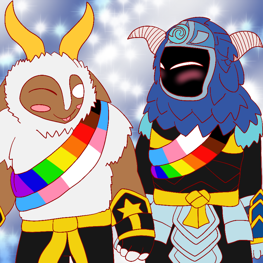 Buckshot and Wild Storm from Skylanders blushing and grinning while holding hands as they stand against a dull blue and white sparkly gradient background. They both wear sashes bearing the gay and transgender pride flags.