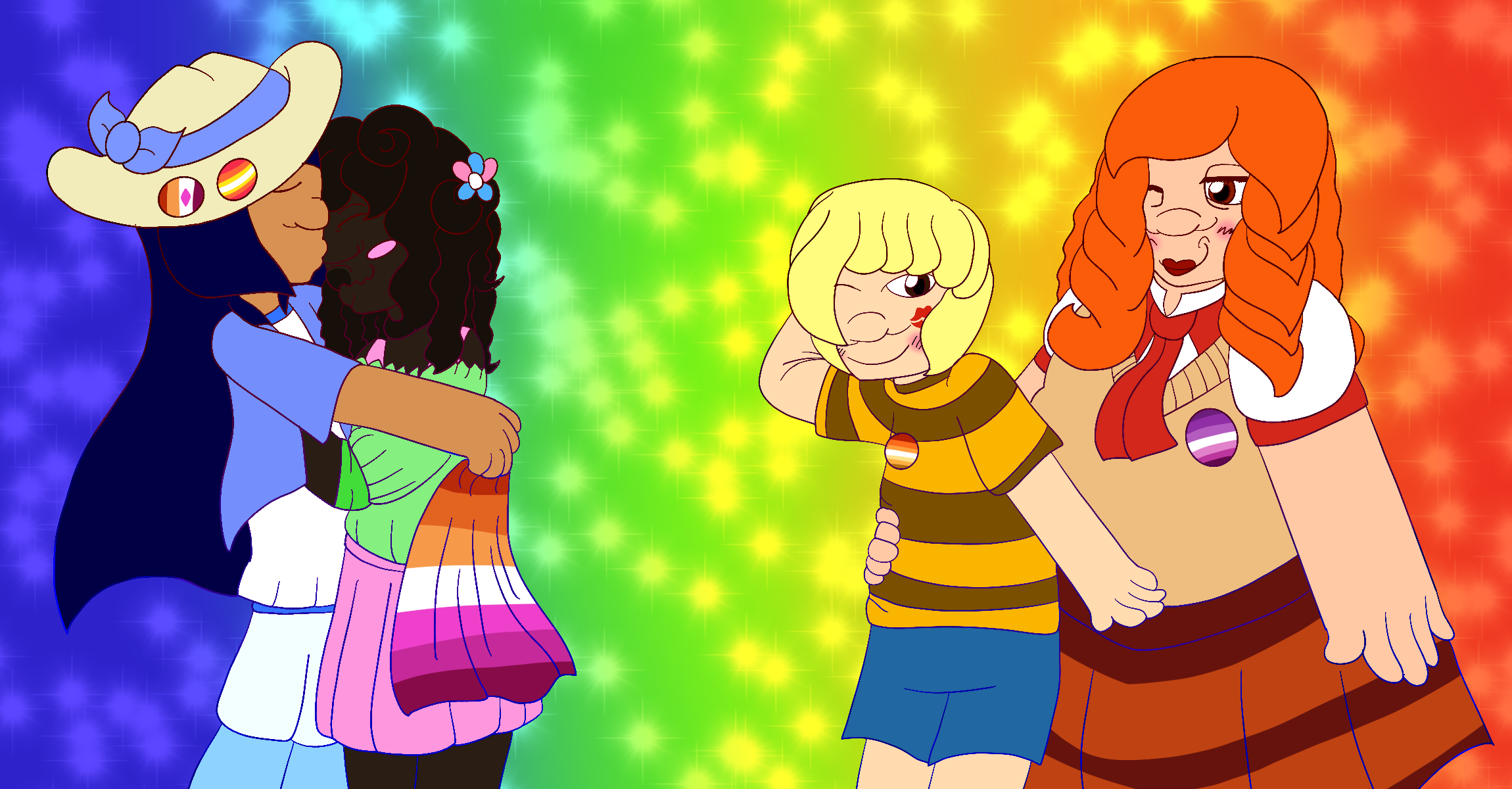 Four of the artist's Precure fan characters celebrating Pride together against a sparkly gradient background in their theme colors. They are divided into two couples, with one pair kissing and the other pair blushing and embracing each other, and they are shown wearing or holding pride flag memorabilia in addition to their usual attire.