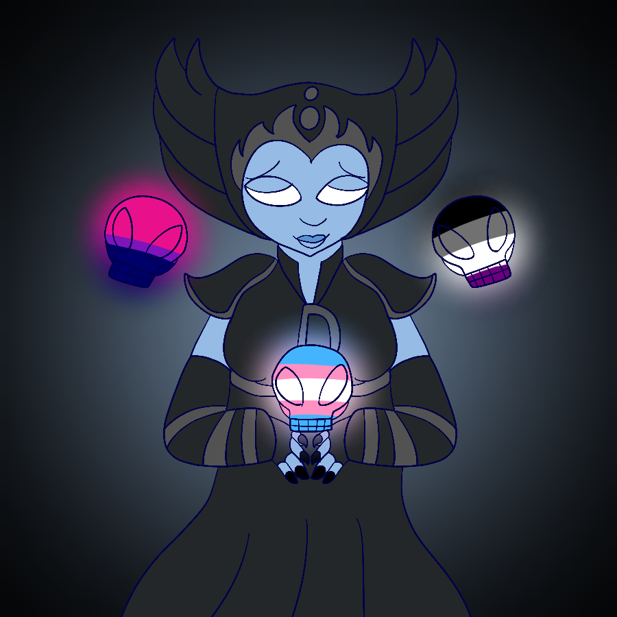 Hex from Skylanders smiling and standing in a black to blue gradient area while three skulls fly around her. The skulls are colored in the bisexual, transgender, and asexual pride flags' colors in order.