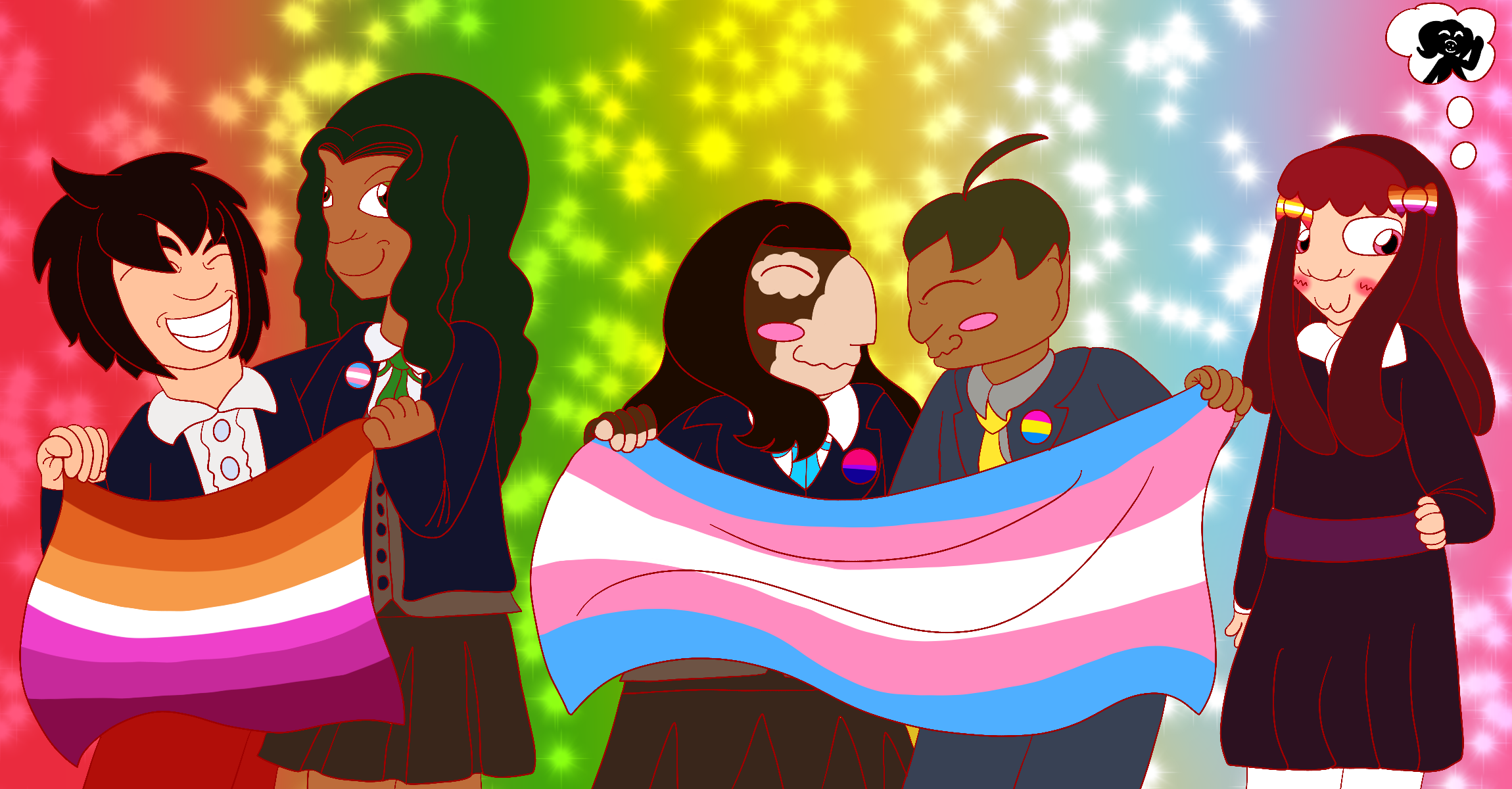 The artist's fan cures, a quintet of humans wearing school uniforms, celebrating pride together against a sparkly gradient background in their theme colors. They wear or hold pride flag memorabilia, and most are paired up with another save for one last character, who instead thinks of a girl wearing a gas mask as she blushes.