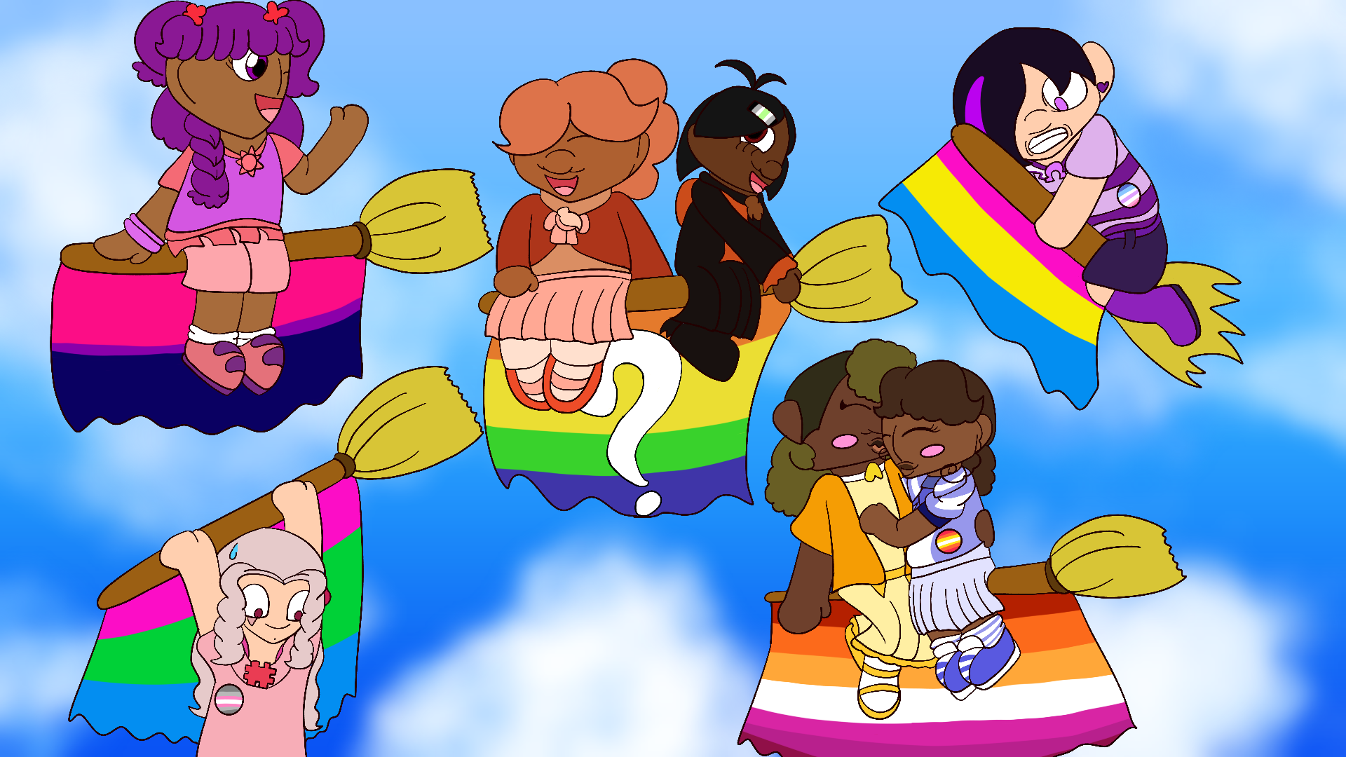 Chibis of the artist's Ojamajo Doremi fan characters flying on brooms against a cloudy blue sky, with each broom having a pride flag hanging from it. In addition, a few of the characters wear pride flag buttons alongside their normal outfits.