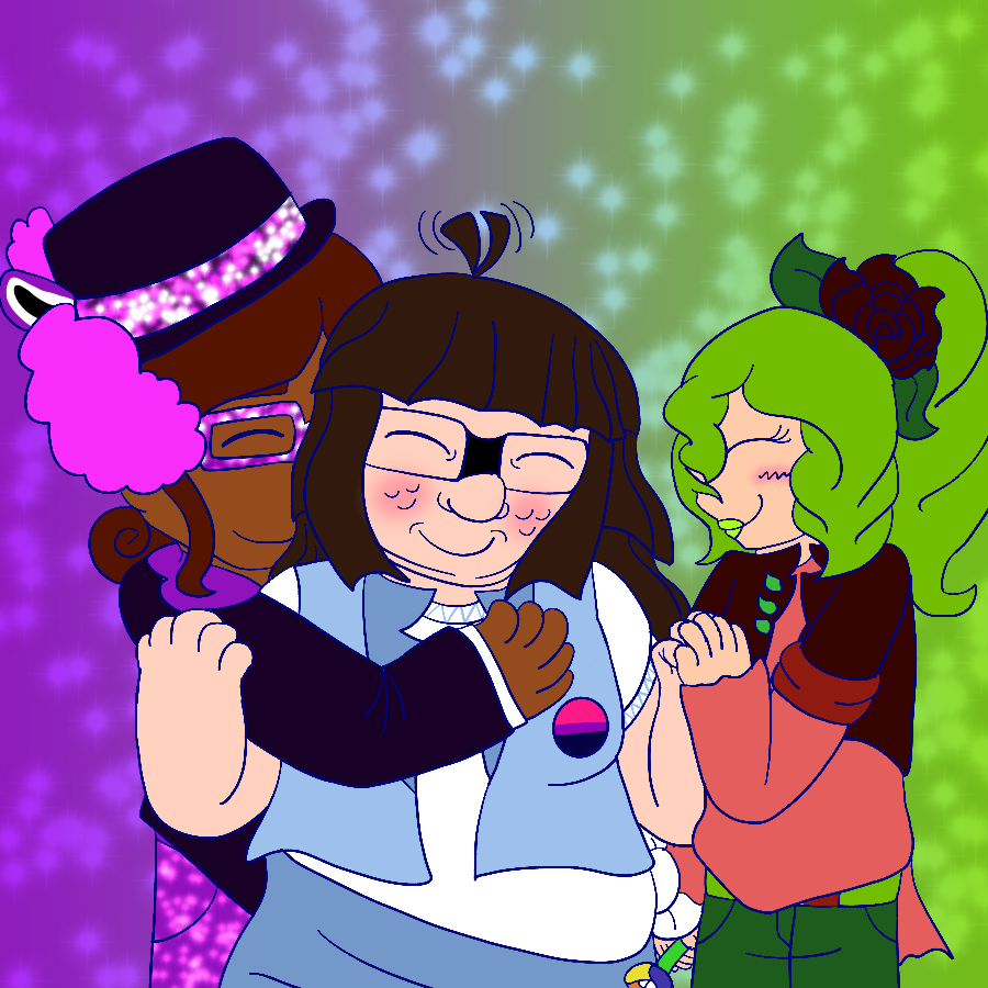 Three of the artist's Classicaloid original characters embracing each other against a sparkly gradient background in their theme colors. In addition to their usual outfits, one characters wears a pin bearing the bisexual pride flag and another one holds a flower in the colors of the questioning pride flag.