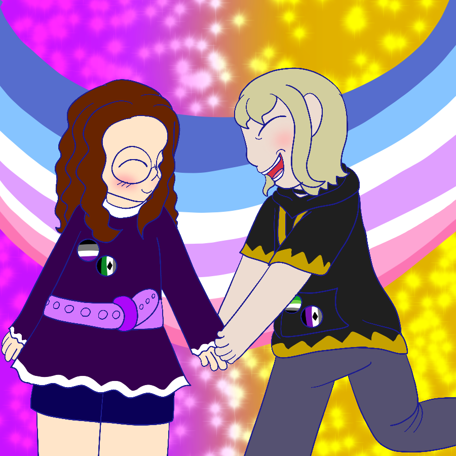 Two of the artist's fancures smiling and blushing as they hold hands, with one rushing and grinning as he embraces the other, against a purple to yellow sparkly gradient backgrond with a bigender pride flag background hanging from it. In addition to their casual wear, both fancures wear buttons bearing pride flags.