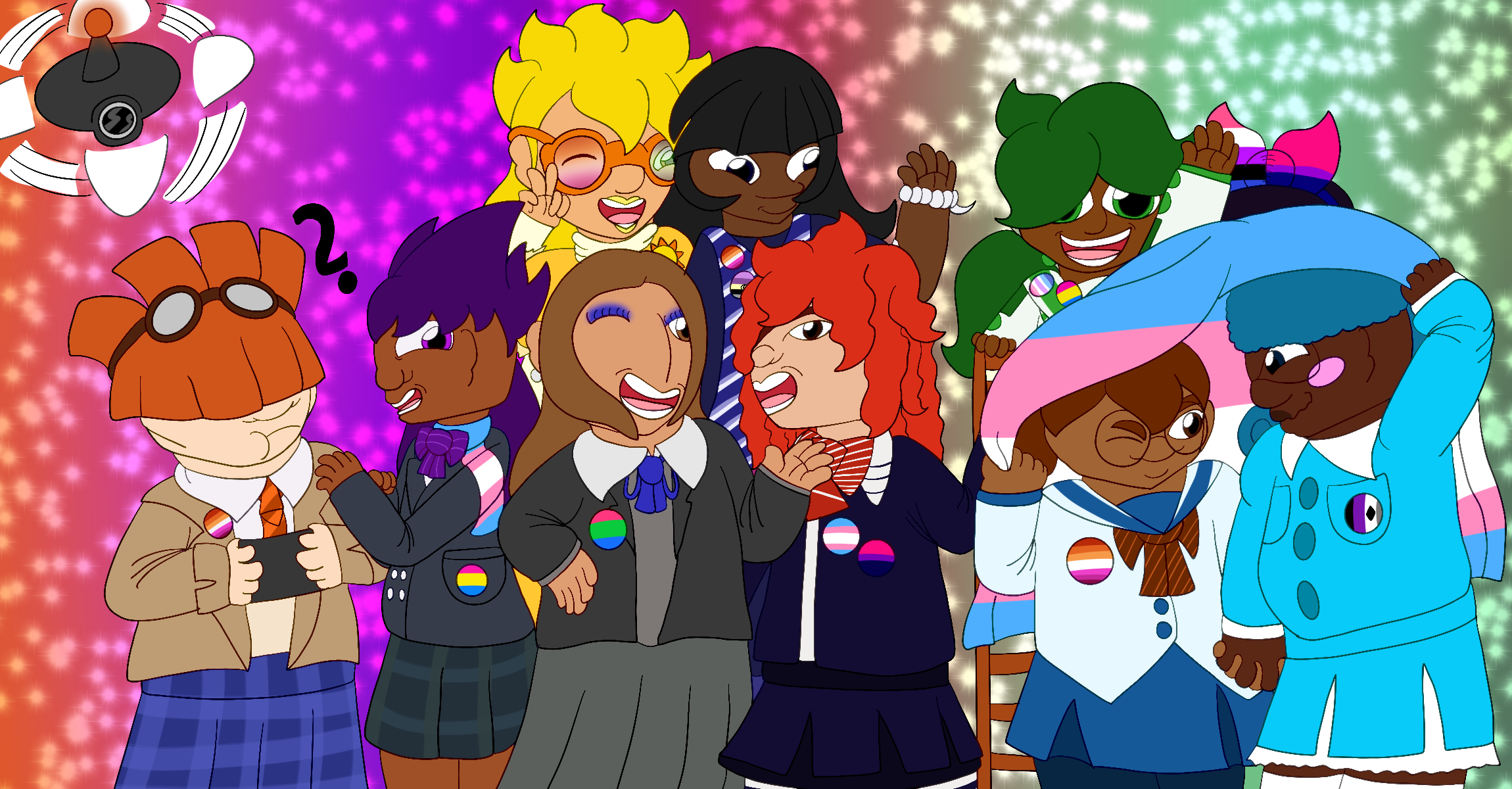 Several of the artist's Precure fan characters celebrating pride together against a sparkly gradient background. They are shown wearing and/or holding pride flag memorabilia in addition to their usual attire, and one character is shown piloting a drone above them all.