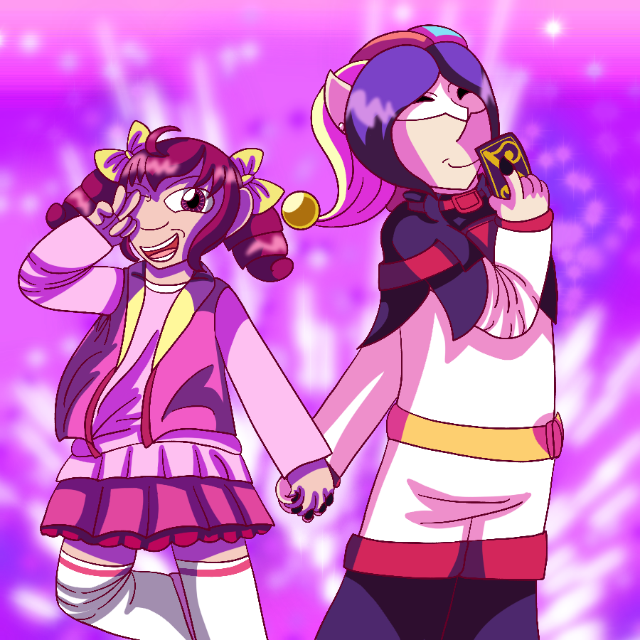 Miyuki Hoshizora and Joker from Smile Precure smiling and holding hands while standing together against a sparkly pink and purple explosion. Miyuki winks and makes a peace sign while Joker slyly holds one of his playing cards to his face.