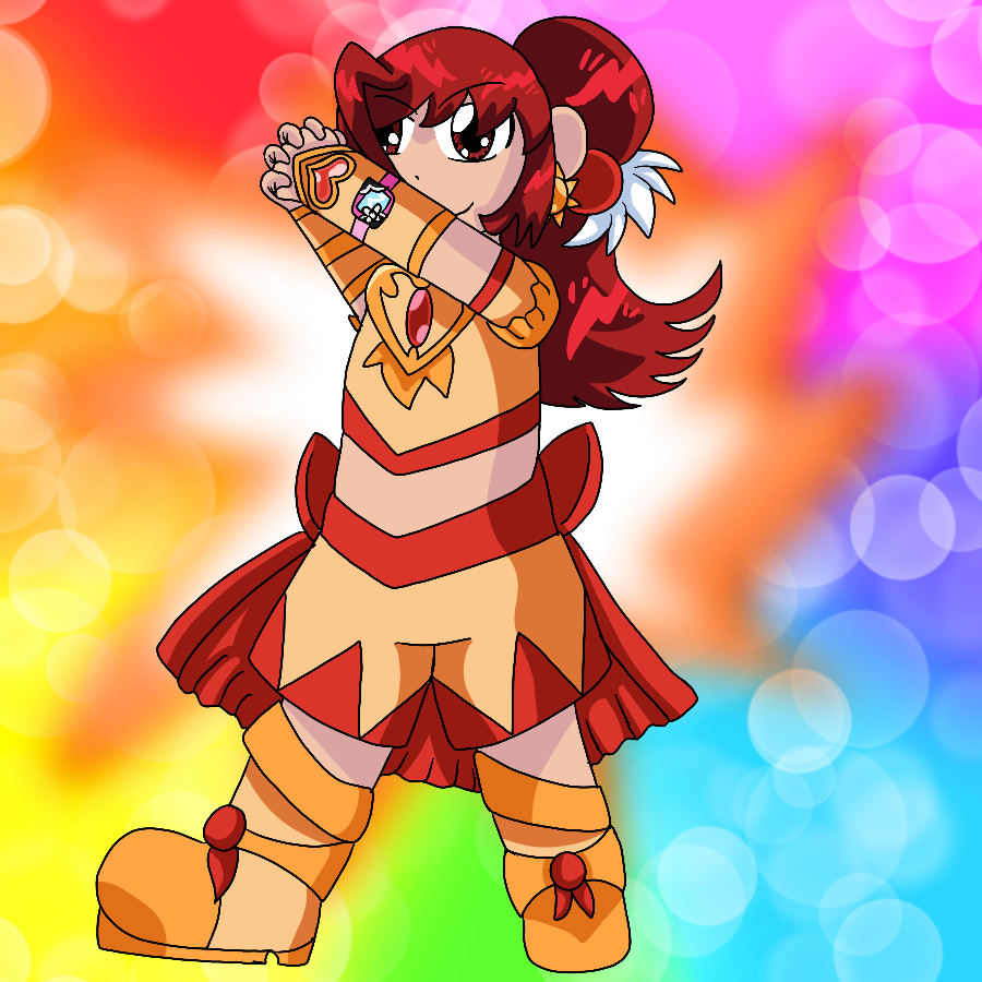 Cure Sunny from Smile Precure redesigned as a Cure from Yes Precure 5. Her appearance is a hybrid of the design styles for both seasons, and she poses against a rainbow gradient background with an orange and white explosion of light behind her.