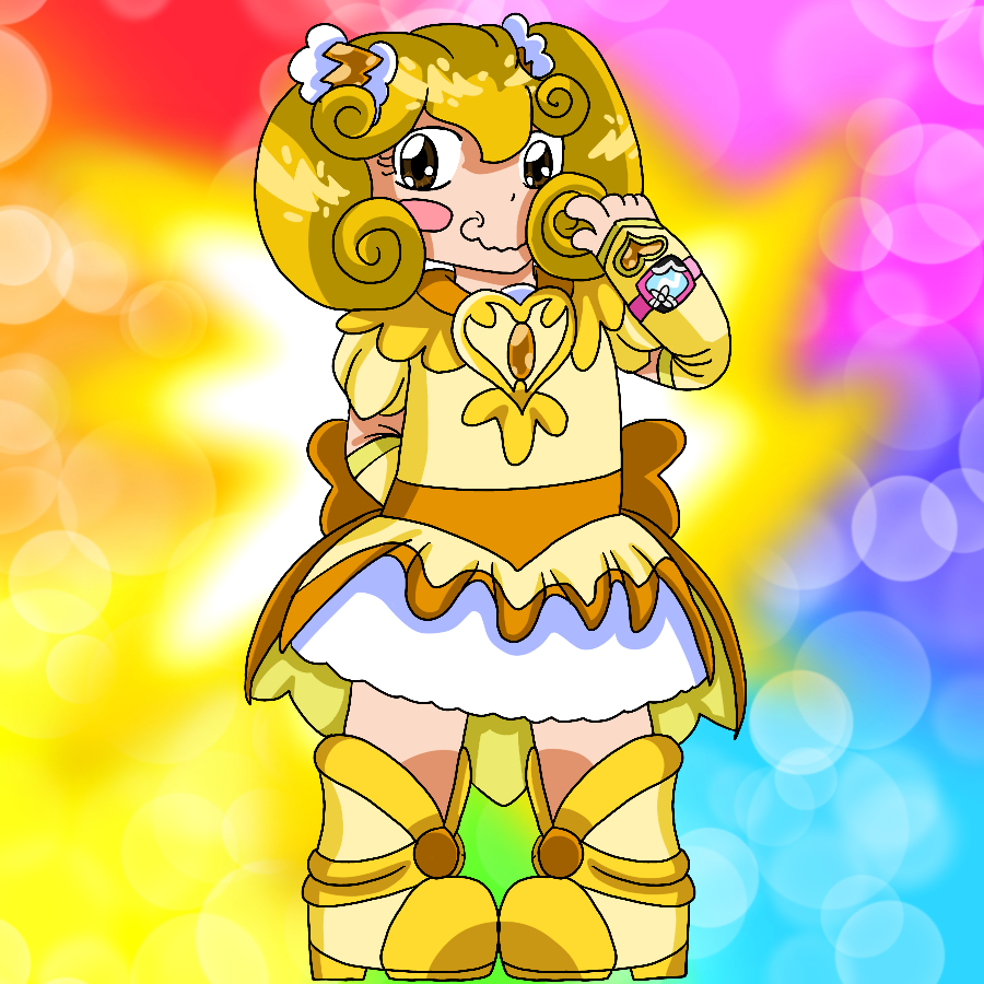 Cure Peace from Smile Precure redesigned as a Cure from yes Precure 5. Her appearance is a hybrid of the design styles for both seasons, and she poses against a rainbow gradient background with a yellow and white explosion of light behind her.