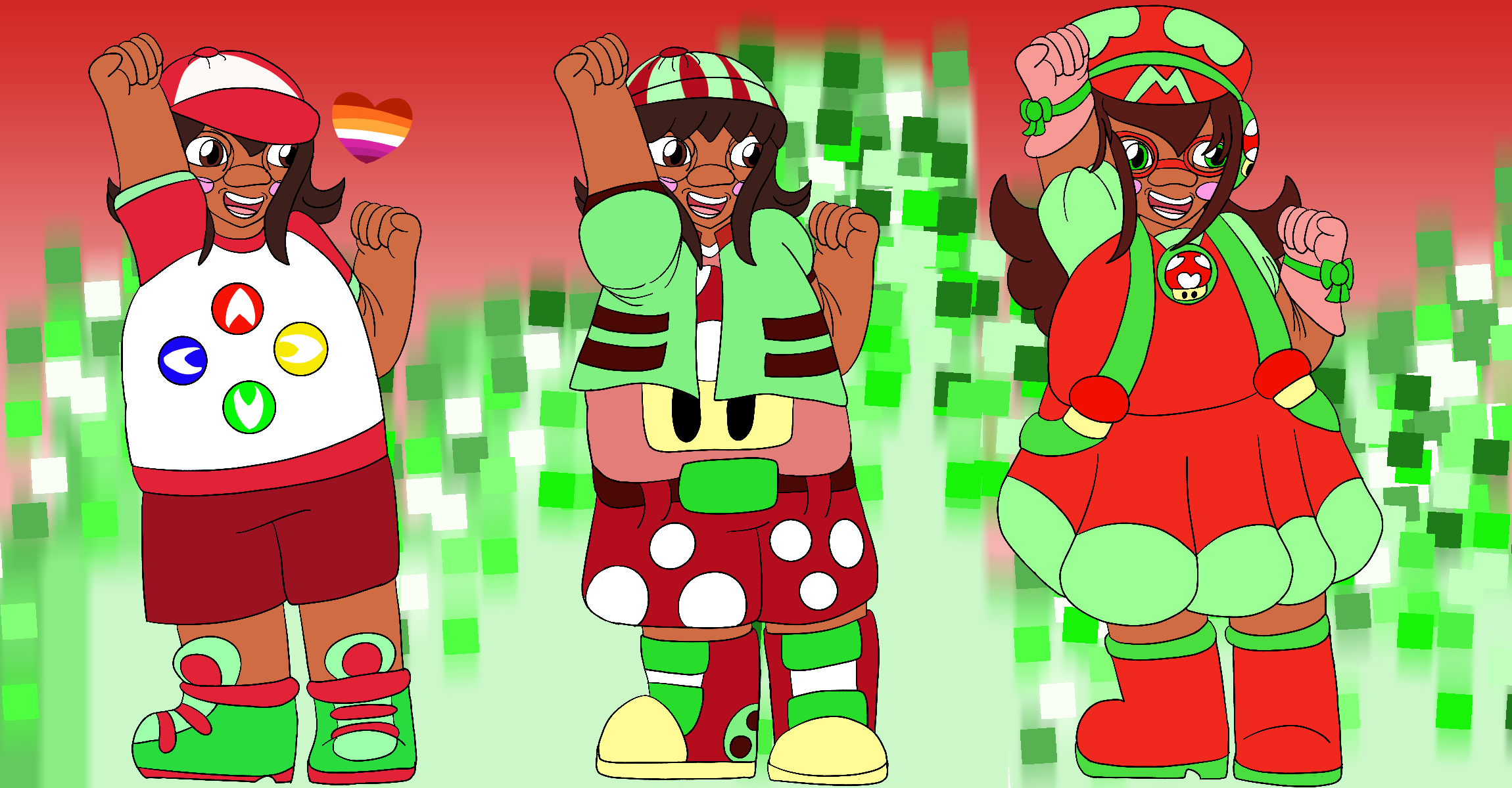 The artist's Precure original character, a fat girl with tanned skin, brown eyes, and short brown hair, smiling and posing against a red gradient background covered in green pixel flares. She is shown with three different designs, and beside her first design is a heart in the colors of the lesbian pride flag.