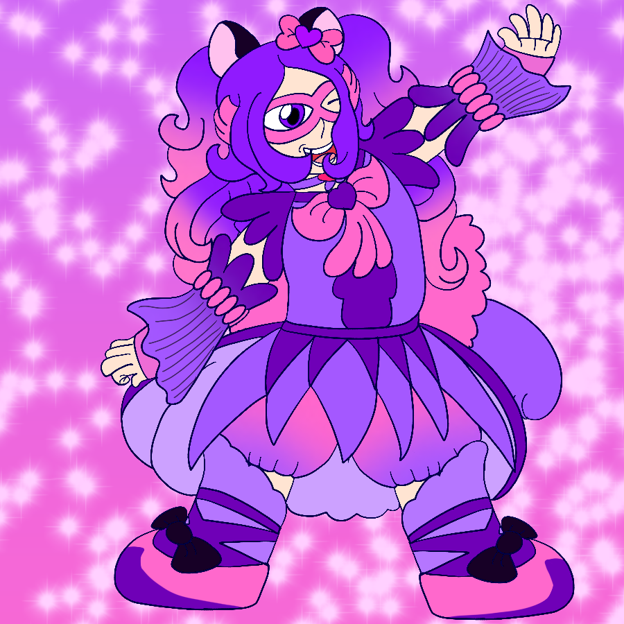 The artist's Curesona, a thin person with pale skin, purple eyes, long and wavy purple-to-pink gradient hair, and round cat ears who wears an elaborate purple and pink cure outfit, smiling and striking a pose against a purple to pink gradient sparkly background.