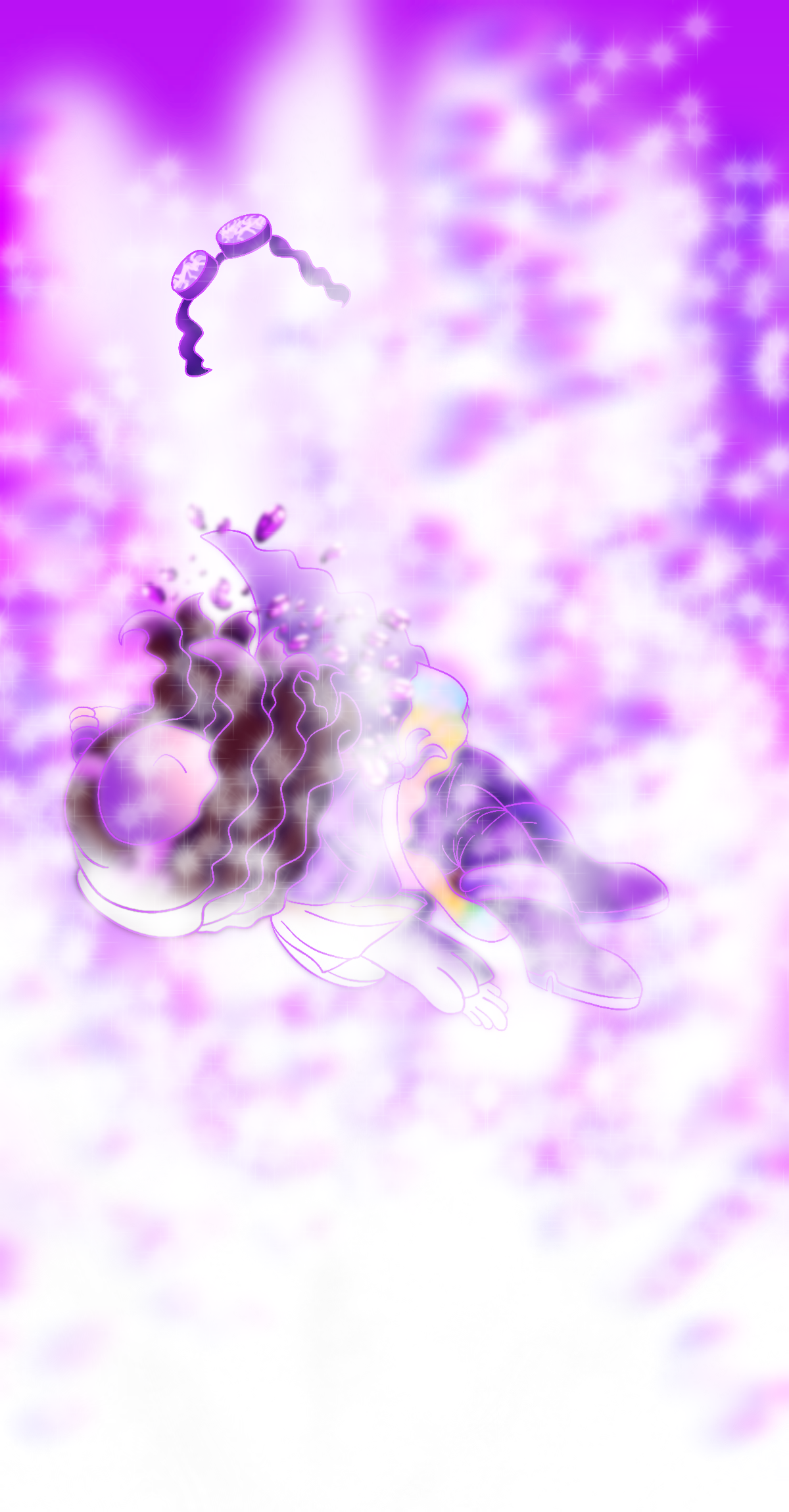 A lineless digital piece of the artist's Skylanders sona floating almost lifelessly down into a swell of light in a sparkly purple-pink gradient area as his cracked goggles float above him and splatters of purple liquid burst from his chest.