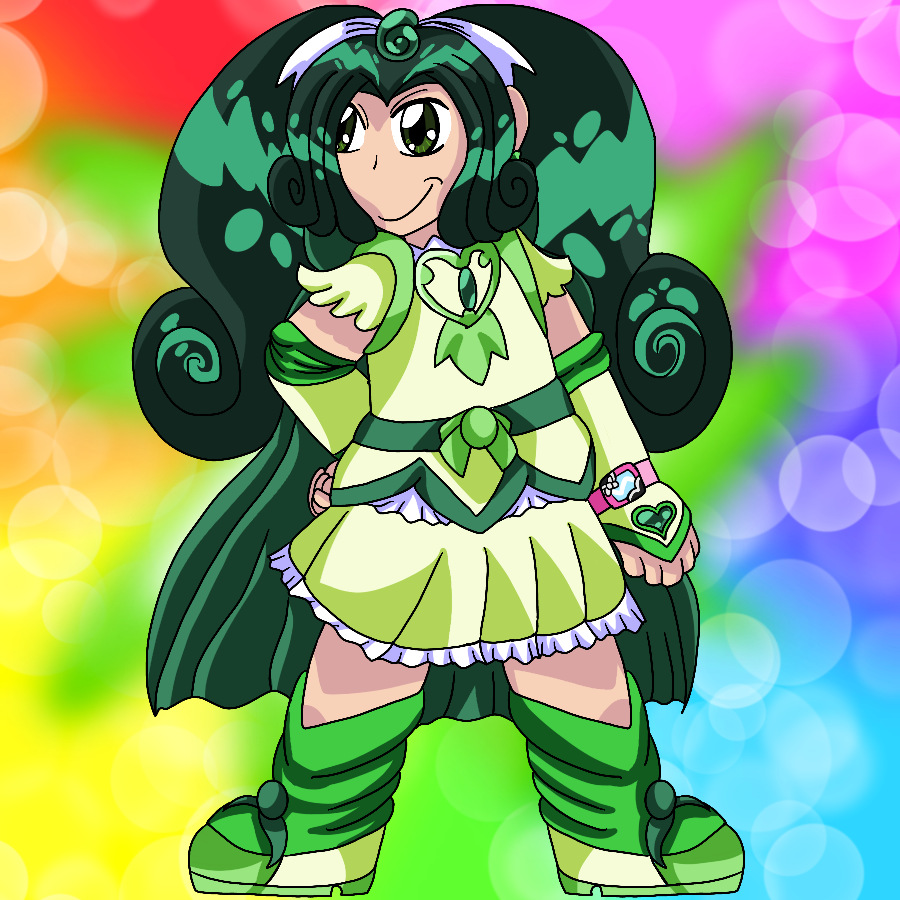 Cure March from Smile Precure redesigned as a Cure from yes Precure 5. Her appearance is a hybrid of the design styles for both seasons, and she poses against a rainbow gradient background with a pink and white explosion of light behind her.