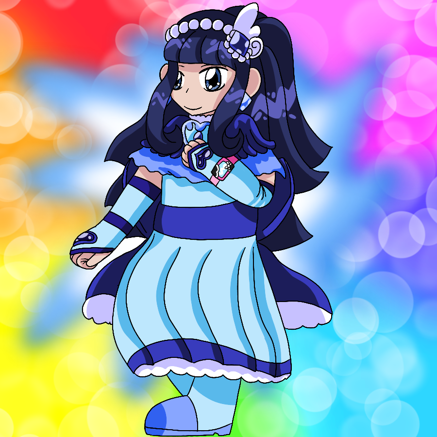 Cure Beauty from Smile Precure redesigned as a Cure from yes Precure 5. Her appearance is a hybrid of the design styles for both seasons, and she poses against a rainbow gradient background with a pink and white explosion of light behind her.