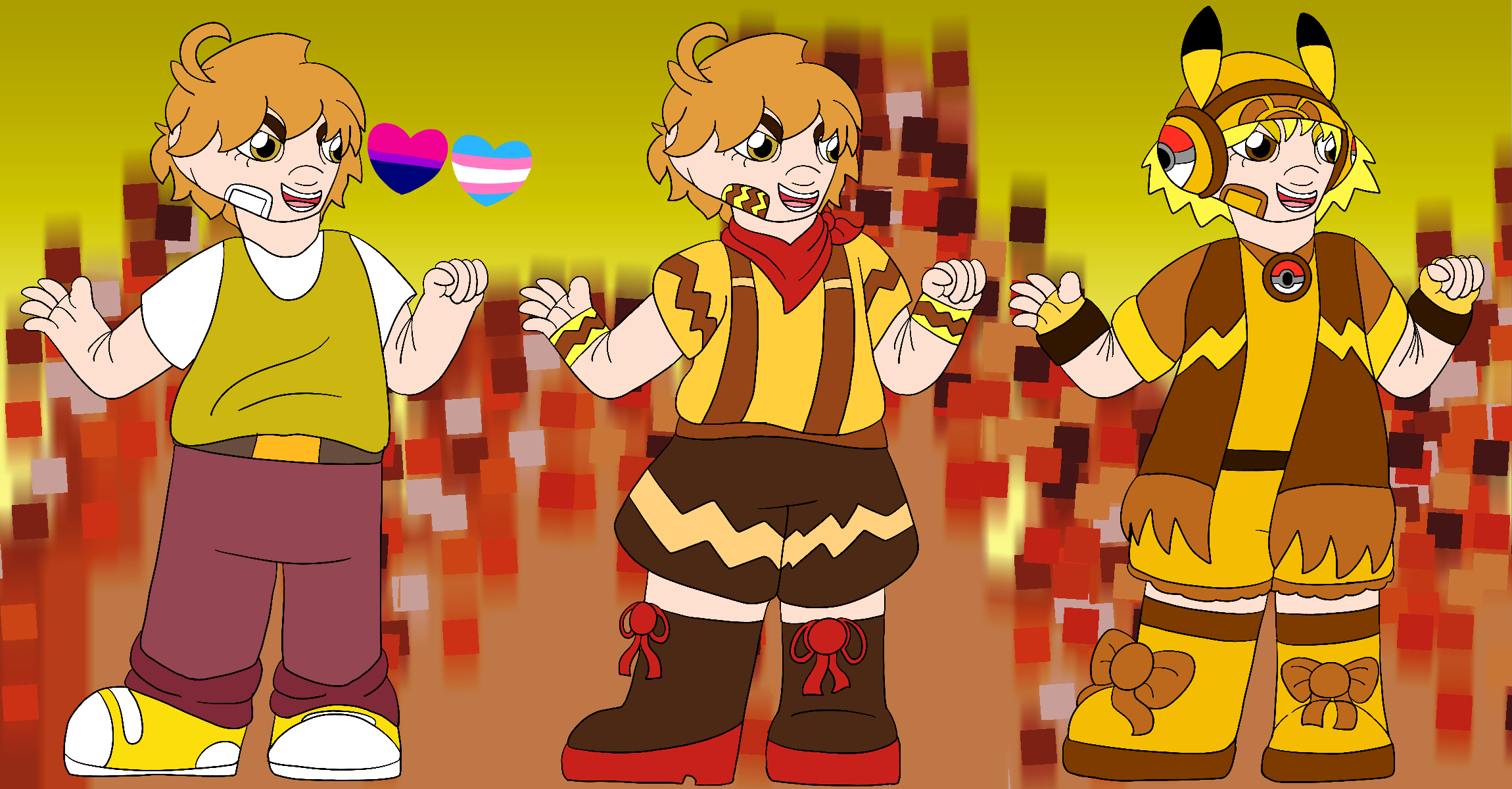 The artist's Precure original character, a thin girl with pale skin, yellow eyes, and messy golden blonde hair, smiling and posing against a yellow gradient background covered in brown pixel flares. She is shown with three different designs, and beside her first design are hearts in the colors of the bisexual and transgender pride flags.