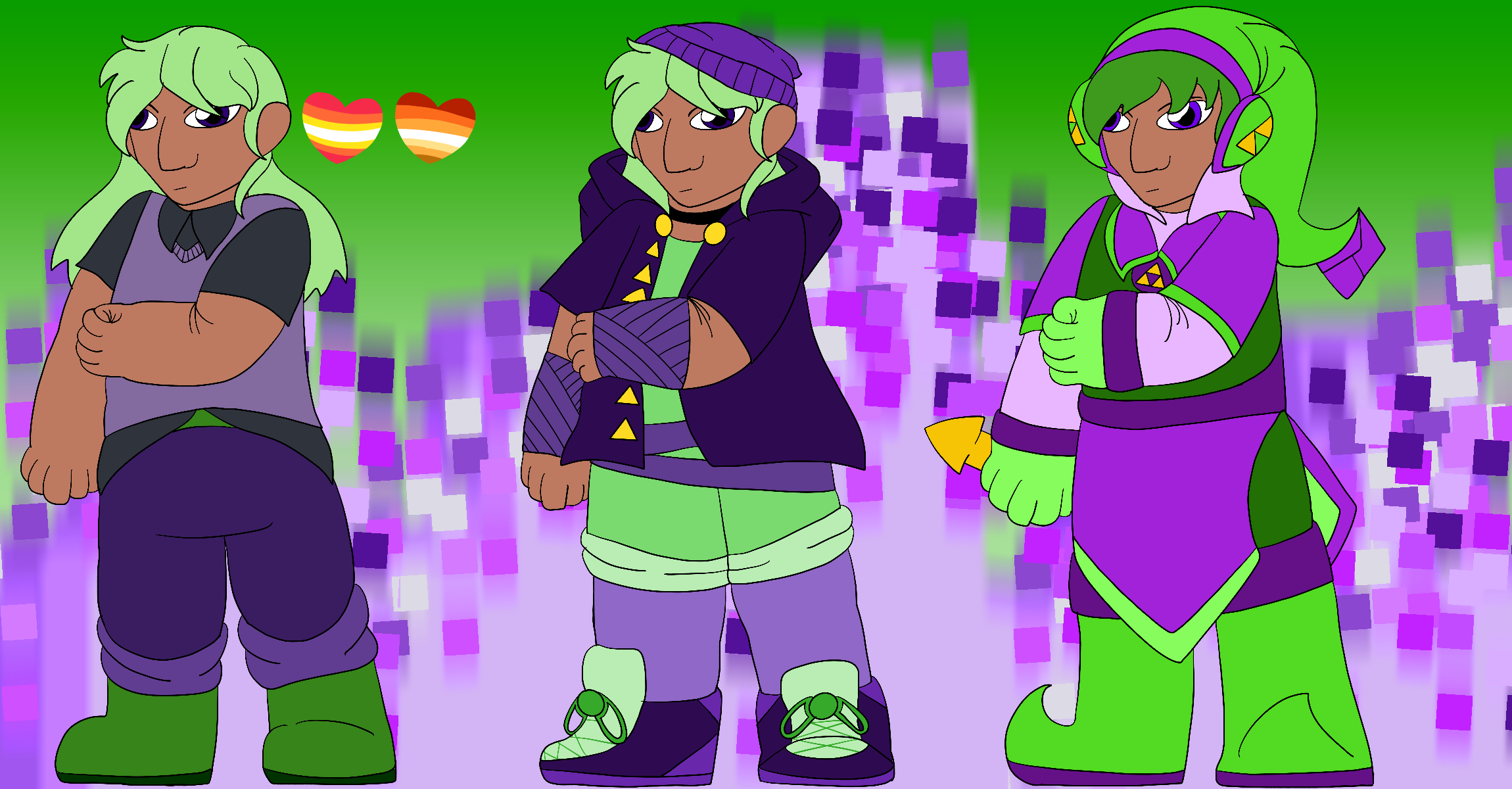 The artist's Precure original character, a bulky teenager with tanned skin, dark purple eyes, and long light green hair, frowning slightly and posing against a green gradient background covered in purple pixel flares. They are shown with three different designs, and beside their first design are hearts in the colors of the nonbinary girl and butch lesbian pride flags.