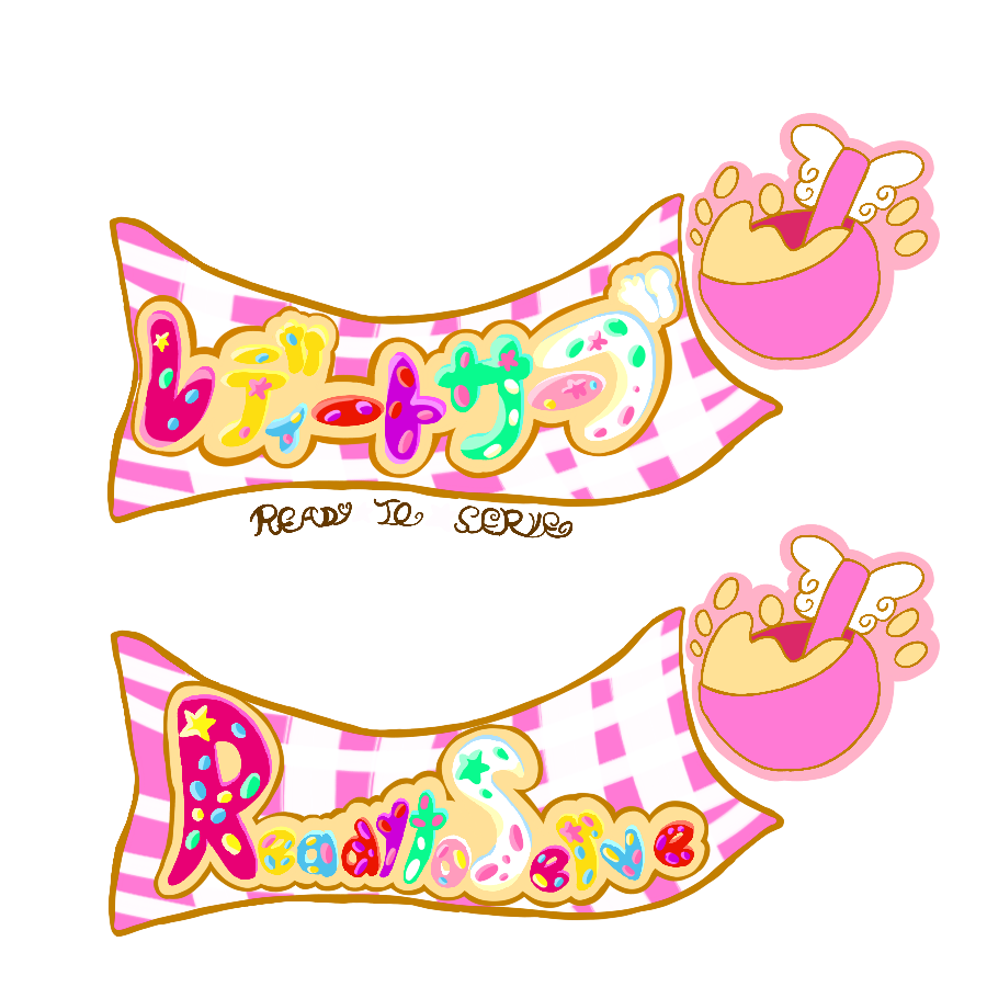 Part of a logo for the artist's Kirakira Precure a la Mode fansequel, shown in both Japanese and English. It reads Ready to Serve in sprinkle-covered multicolor lettering with a tan outline against a pink and white plaid blanket, and a mixing bowl mixed by a spoon with wings is placed at the end. The Japanese version is done in kana with additional English translation underneath, and the English version is done in Latin lettering.