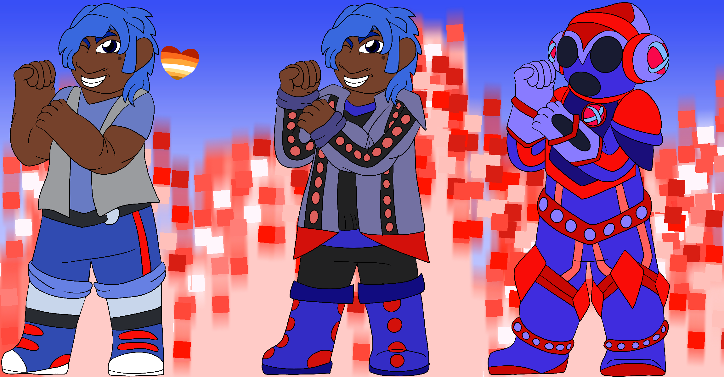 The artist's Precure original character, a muscular girl with brown skin, dark blue eyes, and a short blue mullet, smiling and posing against a blue gradient background covered in red pixel flares. He is shown with three different designs, and beside his first design is a heart in the colors of the butch lesbian pride flag.