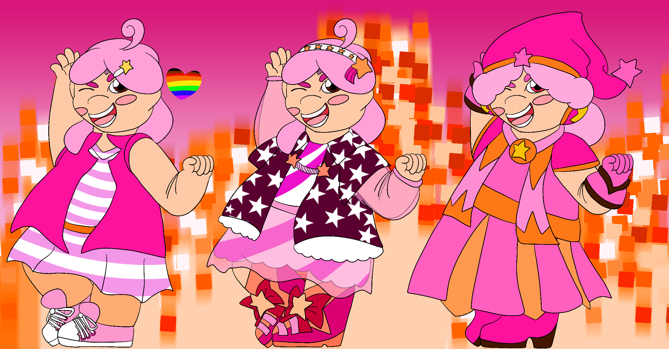 The artist's Precure original character, a fat boy with peach skin, red eyes, and round, shoulder-length pink hair hair, smiling and posing against a pink gradient background covered in orange pixel flares. He is shown with three different designs, and beside his first design is a heart in the colors of the gay pride flag.