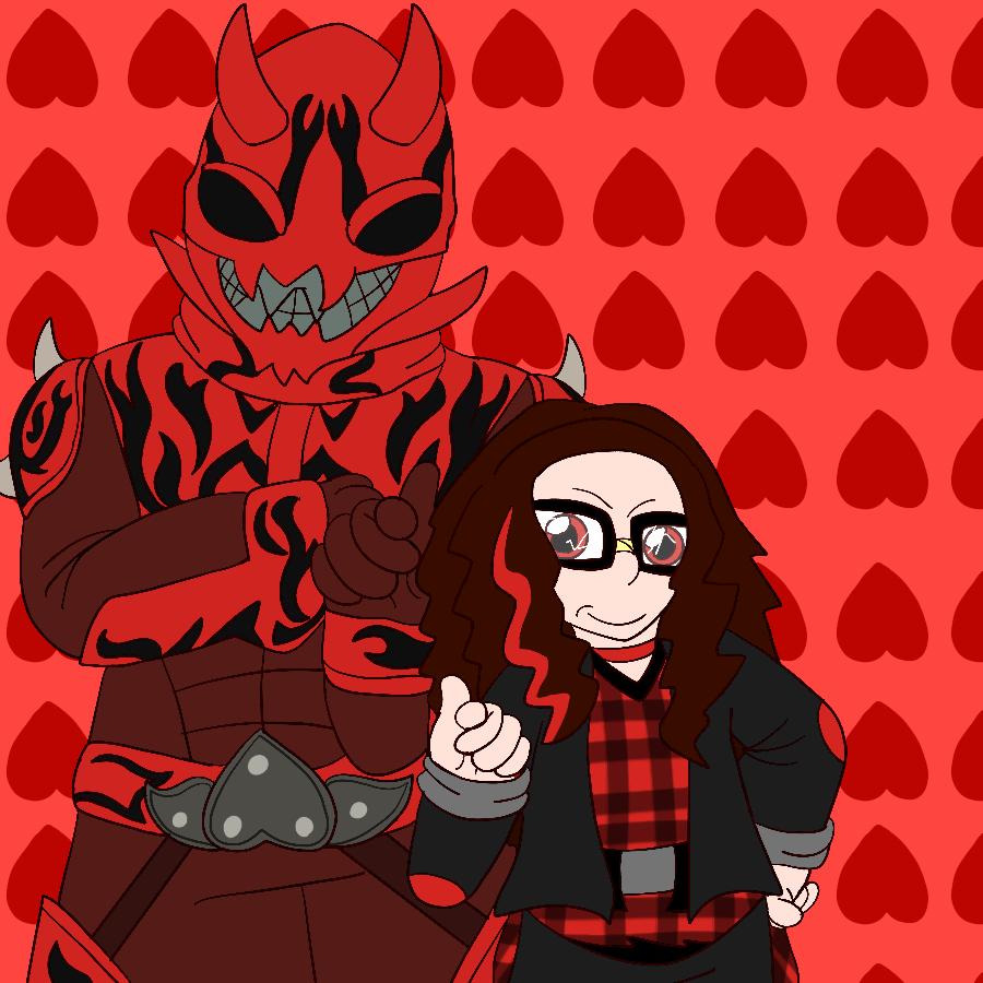 The site owner and Momotaros from Kamen Rider Den-O posing together with wide grins against a light red background covered in darker red peaches. The site own is dressed in punk-style attire, his eyes are now red, and his hair is more jagged and has a red streak.