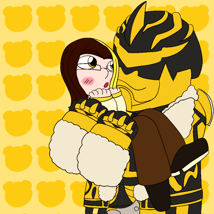 The site owner blushing and looking shyly at Kintaros from Kamen Rider Den-O, who grins as he carries her in his arms, against a light yellow background covered in darker yellow bear heads. The site own is dressed in early 1900s-style attire, his eyes are now yellow, and his hair is straight and has a yellow streak.