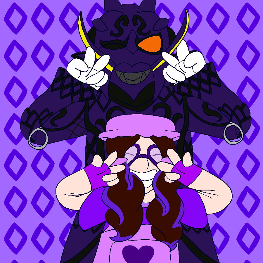 The site owner and Ryuutaros from Kamen Rider Den-O grinning widely and making peace signs against a light purple background covered in darker purple diamonds. The site own is dressed in cutesy 2010s-style attire, and his hair is kept in twintails and has purple streaks.