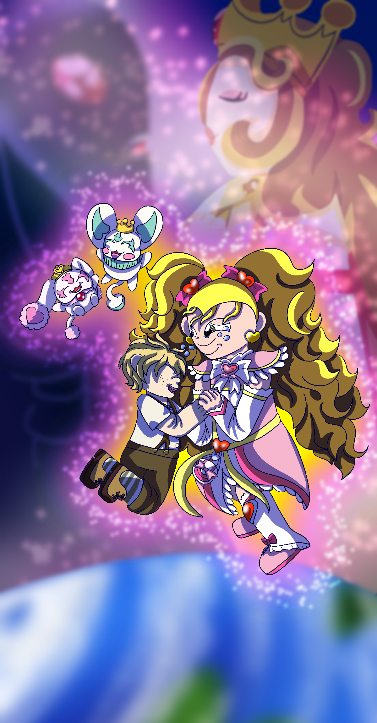 Shiny Luminous and Hikaru Kujou from Futari wa Precure Max Heart glowing, grinning and holding hands as they float above the earth in outer space, with Luminous shedding tears of joy as they hold hands. Pollun and Lulun cheer, glow and float beside them, and in the background, faint burry visages of the Dark King and the Queen glancing at each other can be seen.