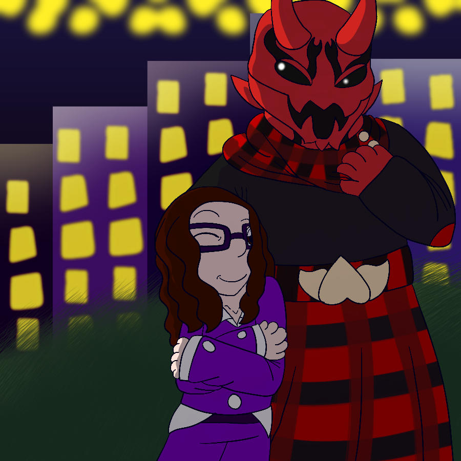 Momotaros and the artist standing on a grassy hill against a city at night, with many Imagin orbs flying in the sky. Momotaros is wearing a black, red, and pale yellow dress with a plaid scarf that has buttons on the side, a long-sleeved top, and a plaid skirt with a peach-shaped buckle, and the artist wears a purple dress suit.