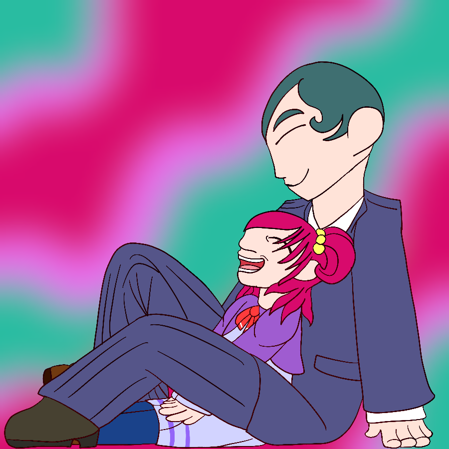 Kawarino from Yes Precure 5 smiling and sitting down while he looks down at Nozomi Yumehara, who grins as she sits between his legs. They are placed in front of a wavy, blurry pink and dark teal background.