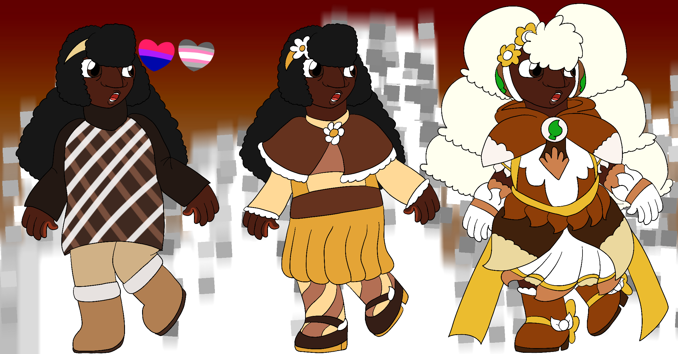 The artist's Precure original character, a thin girl with brown skin, brown eyes, and long natural black hair, looking curious and posing against a brown gradient background covered in white pixel flares. She is shown with three different designs, and beside her first design are hearts in the colors of the bisexual and demigirl pride flags.