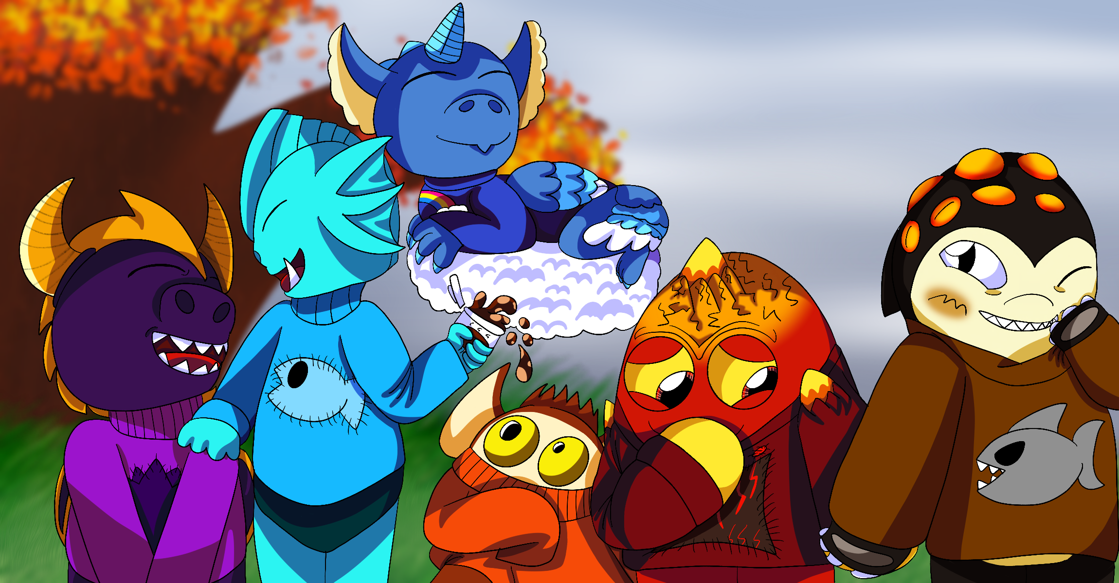 Several Skylanders characters wearing sweaters themed after them or in their colors as they walk together on a dreary autumn day. Spyro and Gill Grunt happily talk as Gill Grunt tosses a coffee that flies towards an alarmed Trigger Happy, Whirlwind happily floats on a cloud behind them, and Eruptor and Terrafin grin and hold hands as Terrafin blushes.